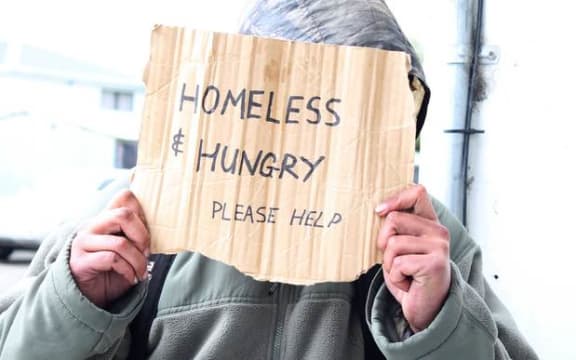 A person begging on a Christchurch street.