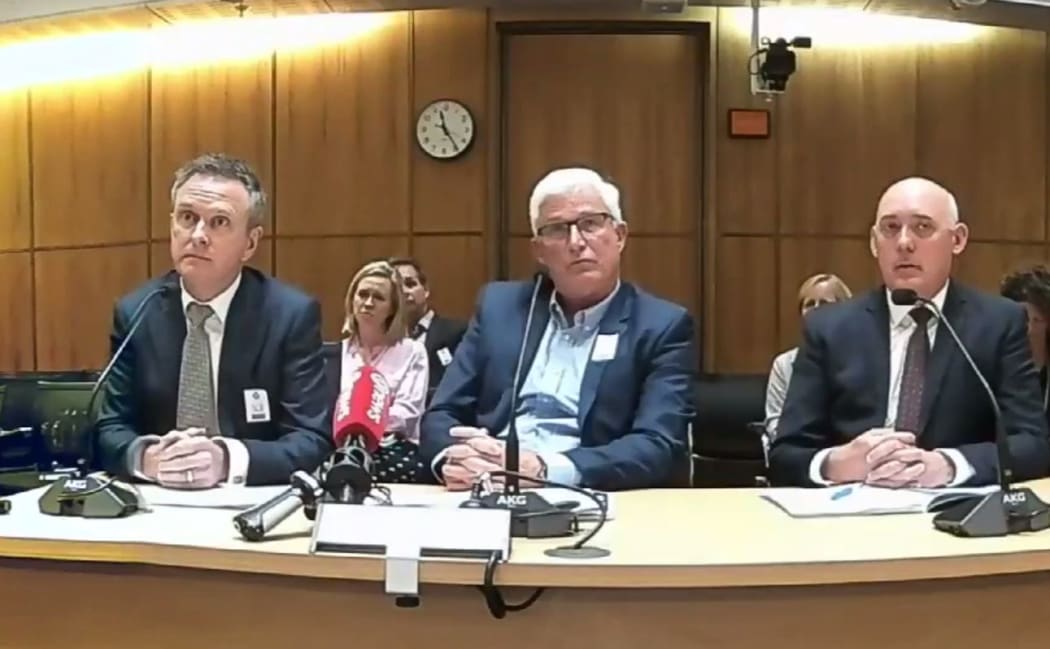 TVNZ's top brass - including Kevin Kenrick on the left - being quizzed about its future in parlaiment last Thursday.