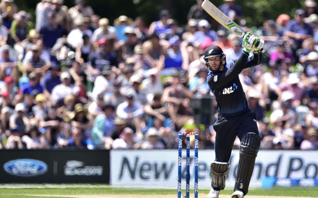Martin Guptill plays a shot during the first one-day international cricket match between New Zealand and Sri Lanka at Hagley Park in Christchurch.