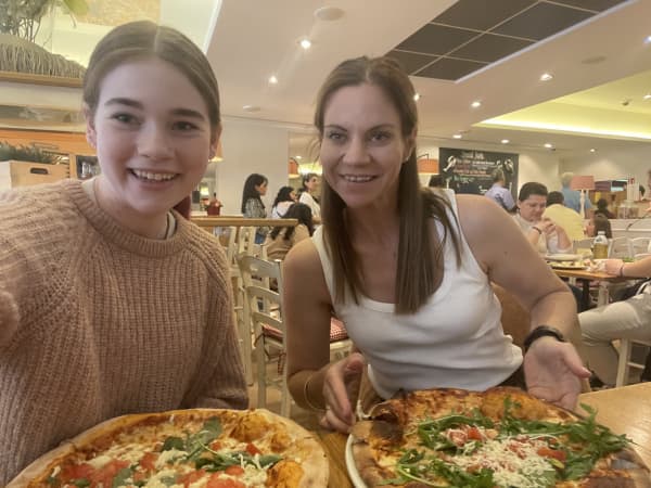 Jemima Thompson and her mother Rachel McKenna in Germany post-surgery.