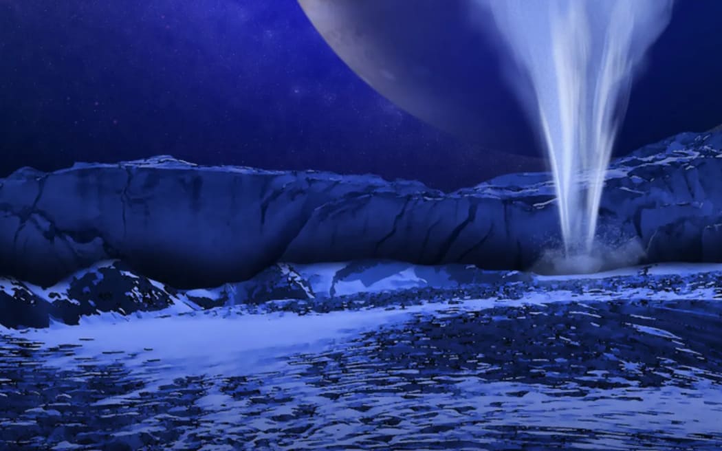An artist's concept of a plume of water vapor on the icy surface of Jupiter's moon Europa, located about 800 million kilometers from the sun.