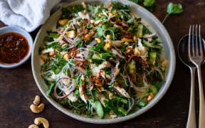 A platter of Chicken, coriander and cashew salad with chilli crisp dressing.