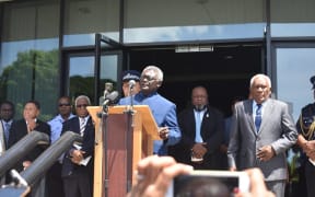 Manasseh Sogavare speaks on the steps of Solomon Islands National Parliament shortly after winning the prime ministerial election. 24 April 2019