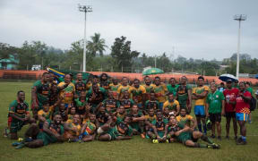Vanuatu and Solomon Islands pose for a photo following the 2016 test in Port Vila.