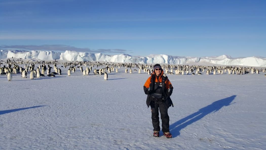 Alison Ballance recording at the Cape Crozier emperor penguin colony, Antarctica