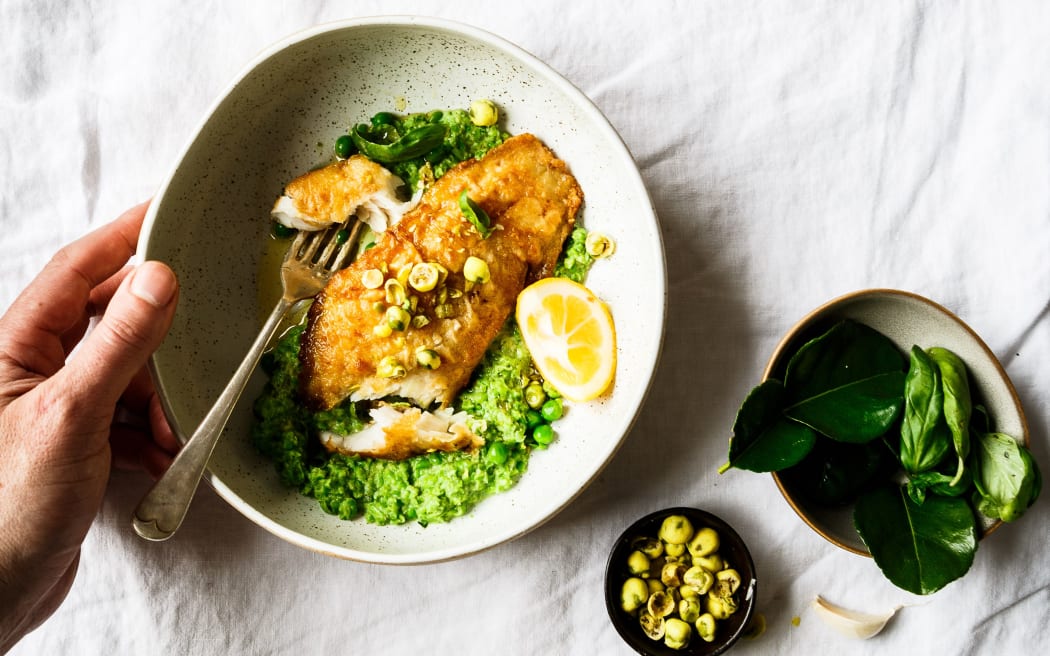 Pan Seared Blue Cod with Kaffir Lime & Coconut Mushy Peas