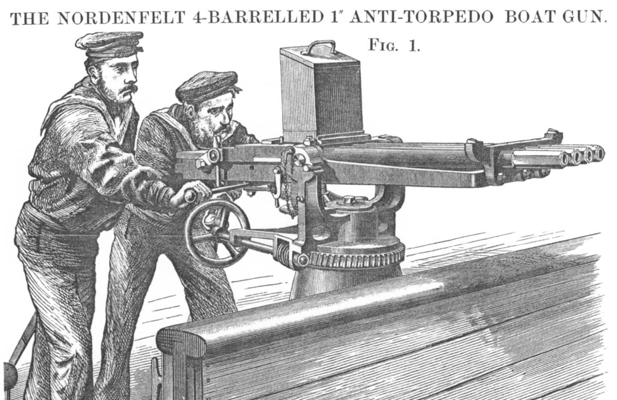 The firing of a Nordenfelt multi-barrel anti-torpedo boat gun similar to those ordered by the Royal NZ Navy in the 1870s