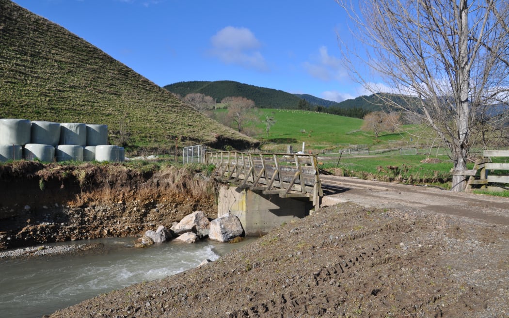 A bridge over the Quail Valley Stream that was overtopped in the June flood. Tasman flooding.