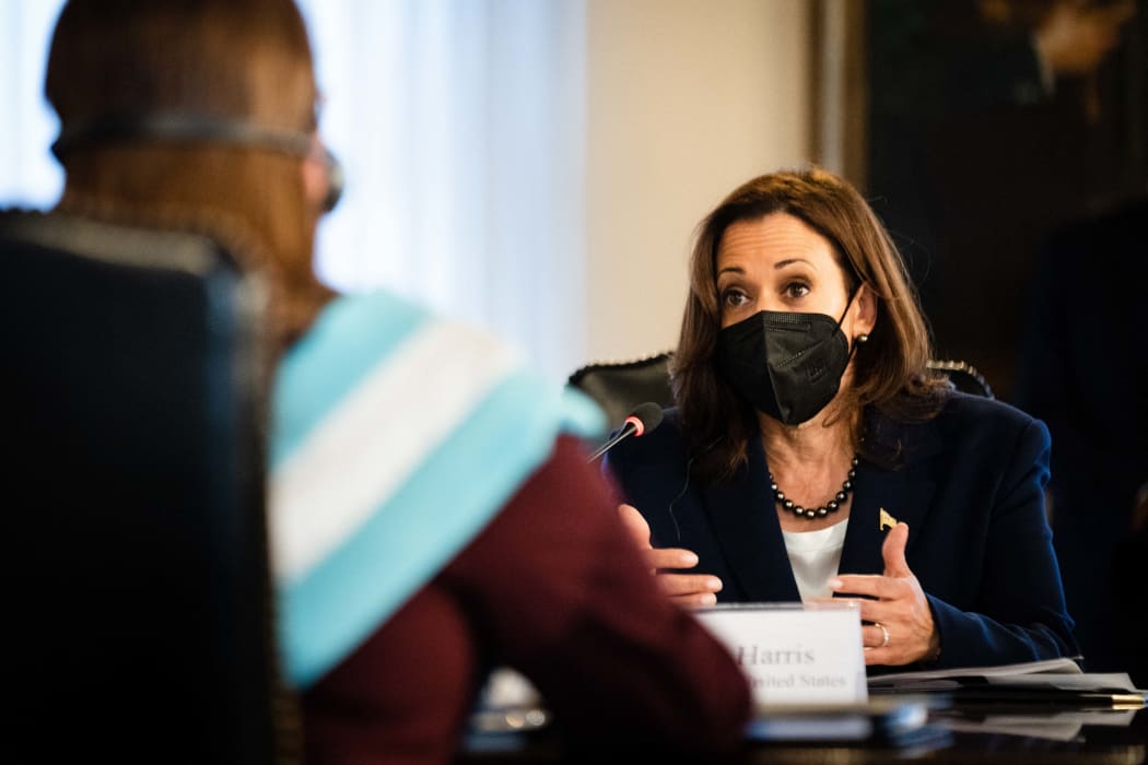 US Vice President Kamala Harris talks with Honduran President Xiomara Castro during a bilateral meeting at the presidential palace in Tegucigalpa, Honduras.