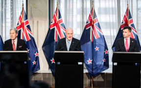 Deputy Prime Minister Winston Peters, Prime Minister Christopher Luxon and ACT leader David Seymour on 24 November, 2023.vvvvvvvvvvvvvvvvvvvv