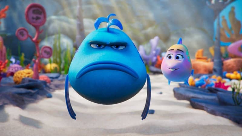 A still from the animation film Pout-Pout Fish showing grumpy Mr Fish swimming beside a smaller fish.