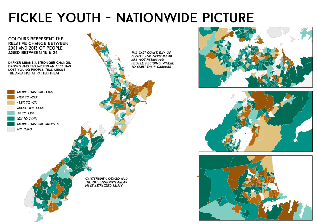 A map showing movement of people aged between 15 and 24 between 2001 and 2013