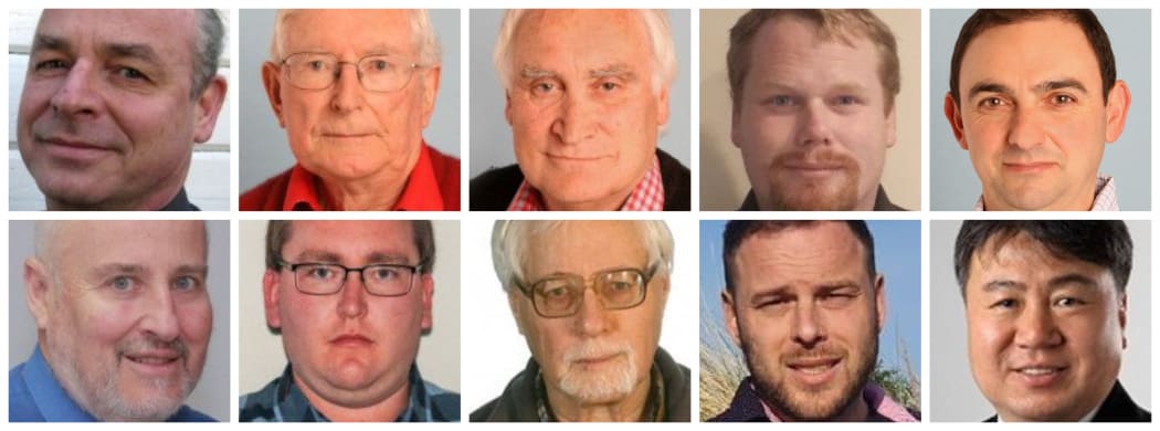 Christchurch mayoral candidates.
Top row from left: Blair Anderson, Jim Glass, Robin McCarthy, Stephen McPaike, Adrian-Cosmin Schonborn.

Not pictured: Lianne Dalziel, John Minto, Darryll Park.
Bottom row from left: Peter Wakeman, Aaron Wakeman, Tubby Hansen, JT Anderson, Sam Park.