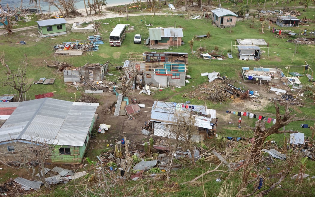 A birds eye view of Lavena village Taveuni in Fiji after Cyclone Winston