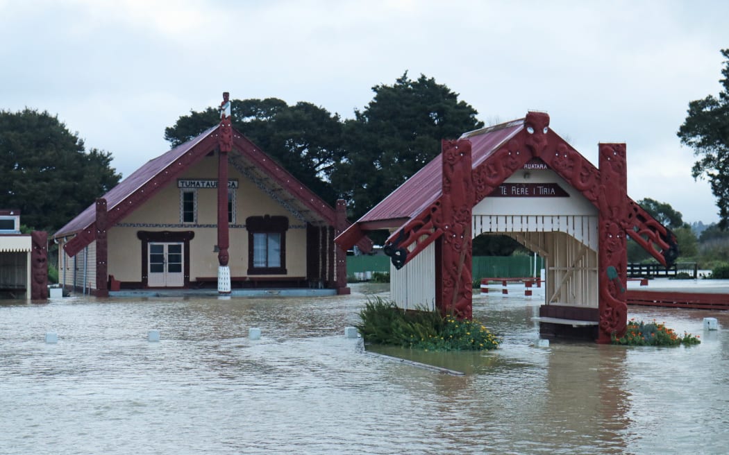 Ōtiria Marae surrounded by floodwaters during the 2020 deluge.
