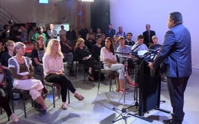 The broadcasting minister updates an audience in Christchurch on his public media plans.