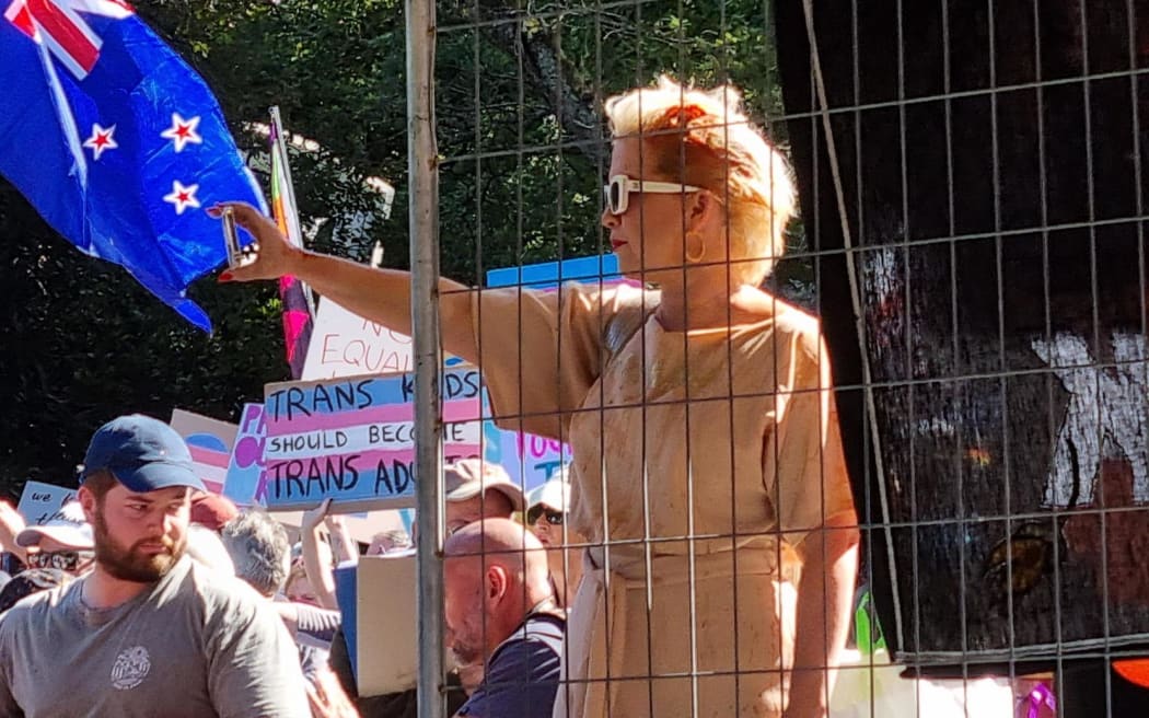 British anti-transgender activist Posie Parker, also known as Kellie-Jay Keen-Minshull, at a rally in Albert Park in central Auckland on 25 March 2023.