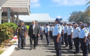 Nauru President Lionel Aingimea reviewing a police parade
