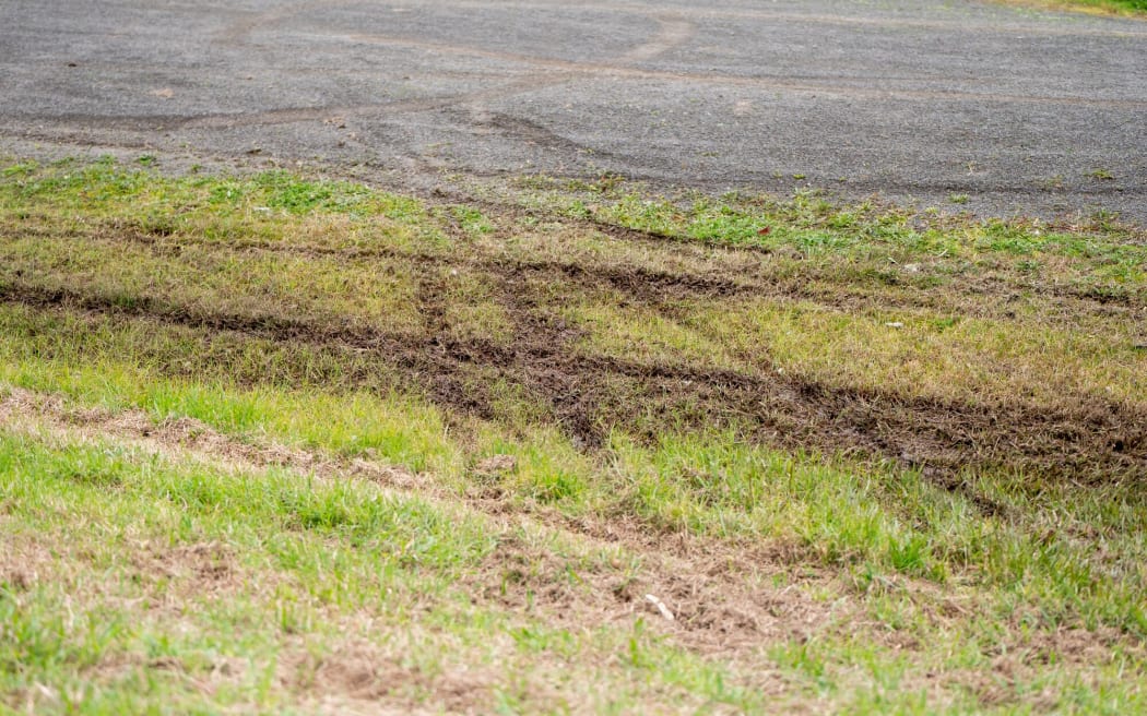 Motorbikes have dug up grass and gravel paths at the reserve on Tom Muir Drive in Gate Pā.