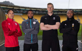 From left: Tahiti captain Teaonui Tehau, New Caledonia captain César Zeoula, New Zealand captain Chris Wood and Fiji captain Filipe Baravilala ahead of Oceania World Cup qualifiers, Wellington 2025.