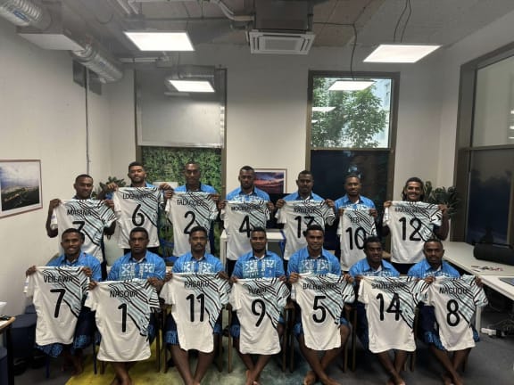 The Fijian men's team with their jerseys after the jersey presentation at the Games Village on Wednesday morning (NZ Time). Photo: Team Fiji