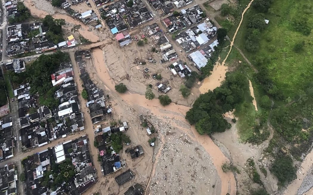 An aerial view of the landslides caused by heavy rains, in Mocoa, Putumayo.