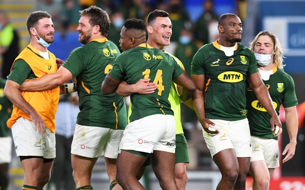 South African players celebrate beating the All Blacks in the final Rugby Championship test on the Gold Coast, Australia. Saturday 2 October 2021.