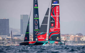 Ineos Britannia and Emirates Team New Zealand getting close as ETNZ win a penalty against Ineos in the pre-start of race three at the Louis Vuitton 37th America’s Cup in Barcelona.