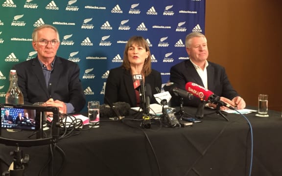 (from left) NZR chair Brent Impey, panel chair Kathryn Beck and Steve Tew at the release of the report into rugby culture in NZ.