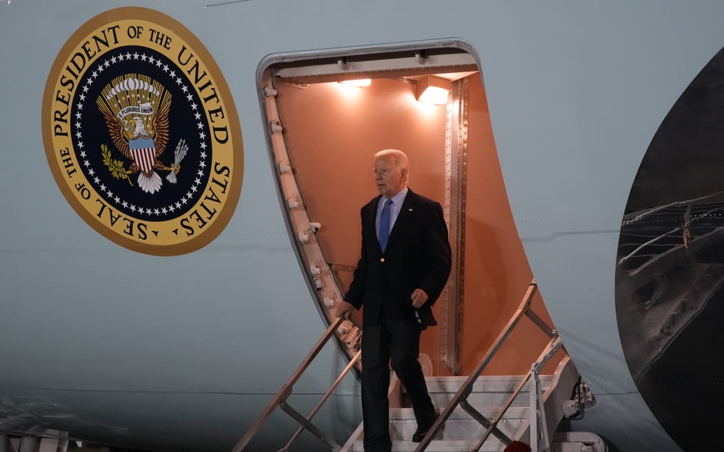President Joe Biden arrives on Air Force One at Brindisi International Airport, on 12 June, 2024, in Brindisi, Italy.