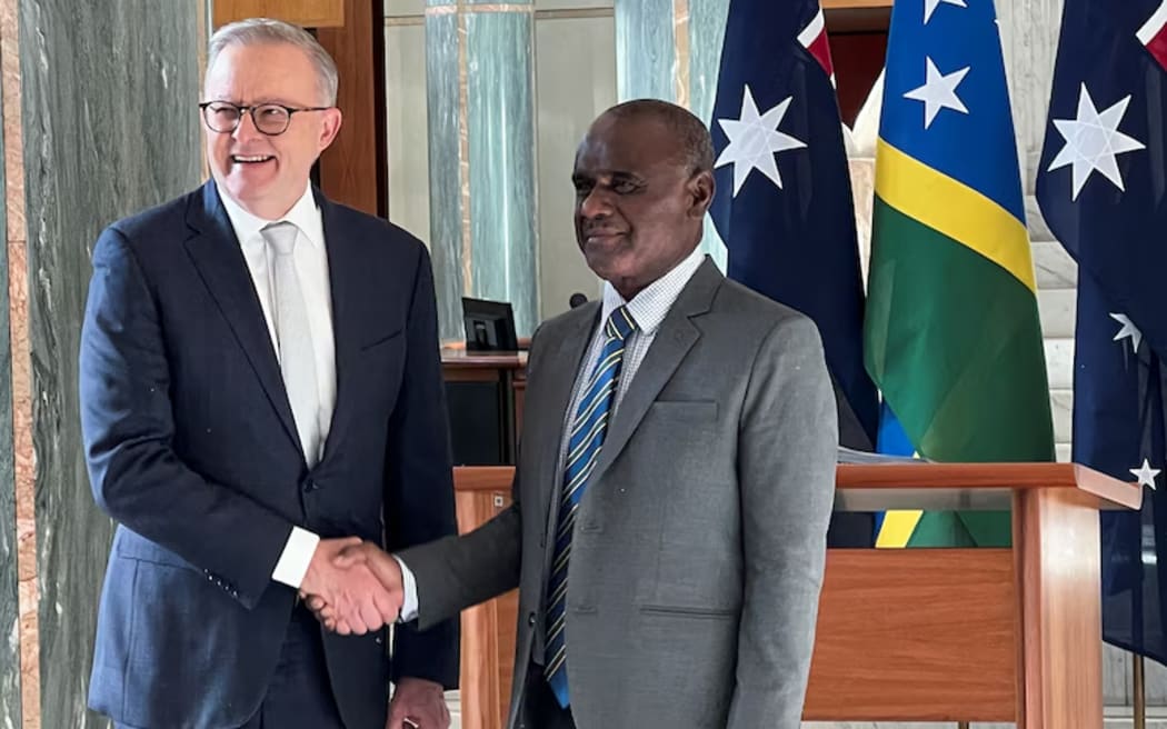 Solomon Islands Prime Minister Jeremiah Manele with Anthony Albanese. (Reuters: Kirsty Needham)