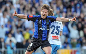 Auckland FC's Nando Pijnaker celebrates scoring the winning goal in their A-League match against Sydney FC.