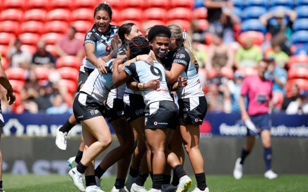 Losana Lutu of Fiji celebrates scoring a try during the Women's Rugby League World Cup Group B match between New Zealand and Fiji at McDonald Jones Stadium in Newcastle, Sunday, October 18, 2026. (AAP Image/Darren Pateman/ Photosport)