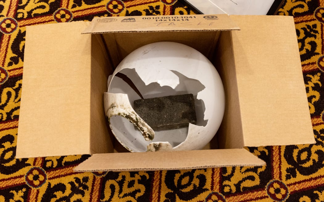A brick caught inside the broken light globe it smashed during the protest - now part of Parliament's collection.