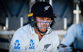 Tom Latham of the Black Caps prepares to bat on the final day of the second international cricket Test match between New Zealand and England.