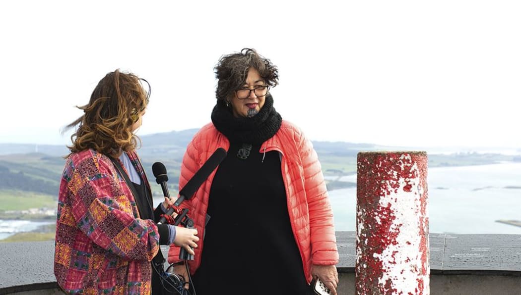 Melody Thomas with Mere Skerrett on top of Motupōhue/Bluff Hill