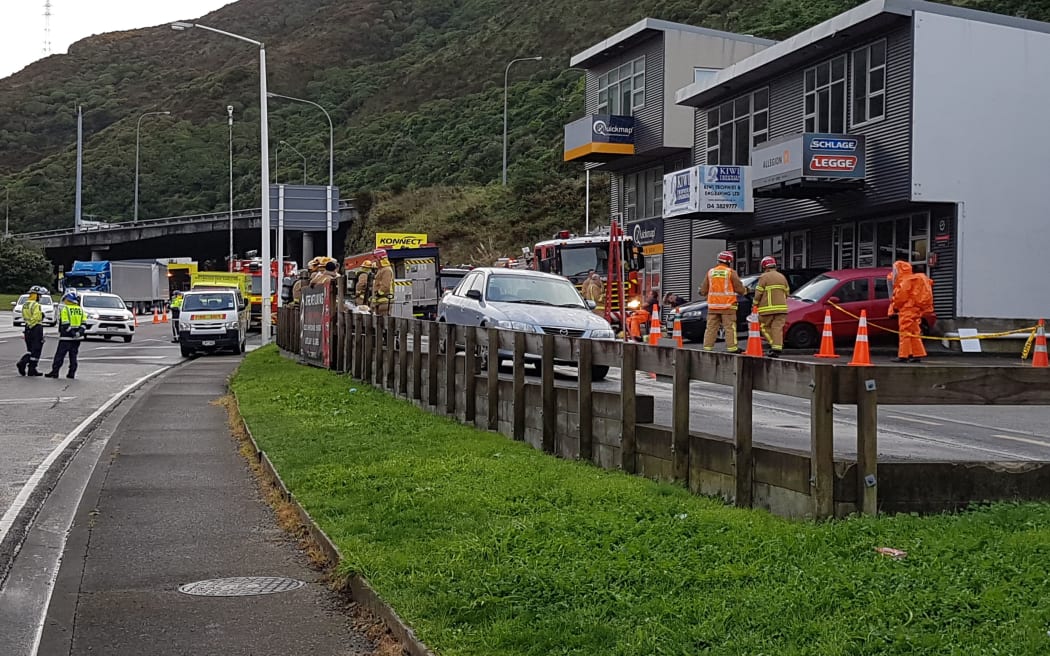 Emergency services at the site of the chemical spill in Wellington.