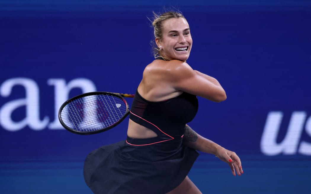 Aryna Sabalenka returns a shot against Leylah Fernandez during their third round match at the US Open, 29 August, 2025.  (Photo by ELSA / GETTY IMAGES NORTH AMERICA / Getty Images via AFP)