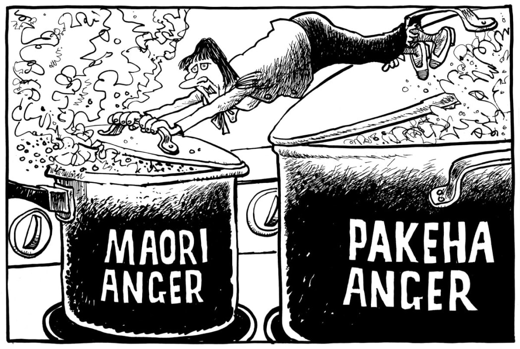 Tom Scott cartoon of Helen Clark's balancing of Maori and Pakeha opinion over the foreshore and seabed legislation
