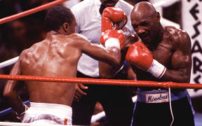 "Marvelous" Marvin Hagler, right, battles Sugar Ray Leonard during a middleweight bout at Caesars Palace in Las Vegas.