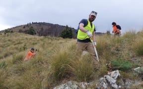 Lending a hand at a Mid Dome volunteer day are Environment Southland biosecurity and biodiversity operations manager Ali Meade (left) and integrated catchment management general manager Paul Hulse (centre).