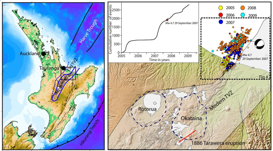 Maps indicating (left) the study area and (right) the modern Taupo Volcanic Zone (grey transparency), Okataina and Rotorua Caldera boundaries (dashed lines) and relocated 2005-2009 Matata earthquake swarm.