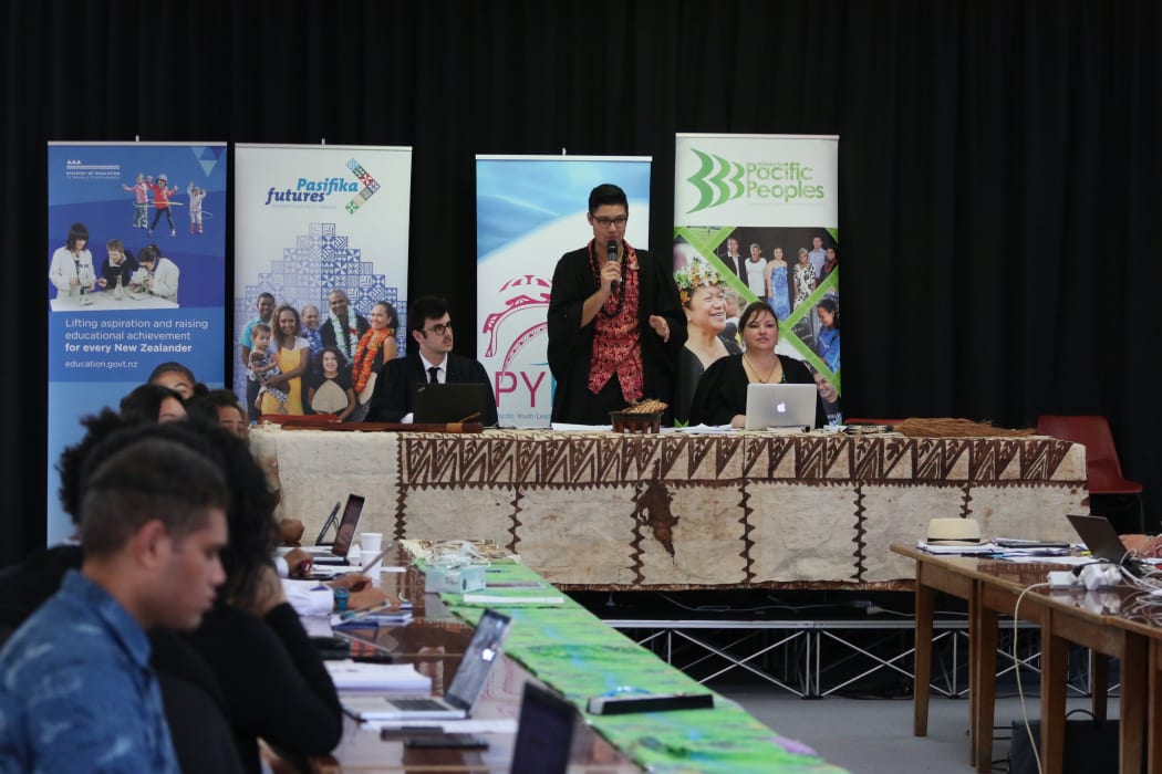 Speaker of the Pacific Youth Parliament Josiah Tualamali'i calls for order in the house at a Pacific Parliament simulation in Christchurch.