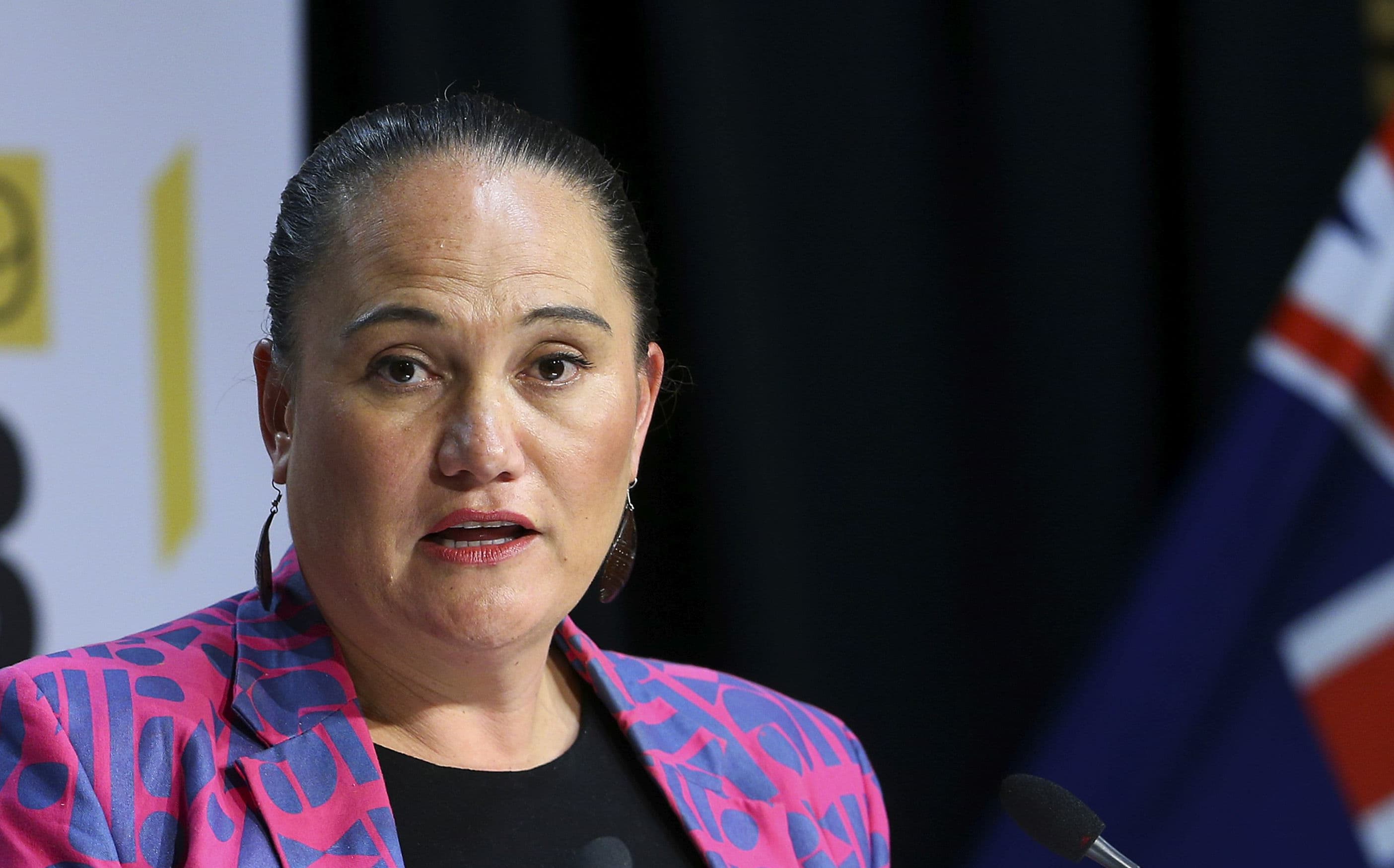 WELLINGTON, NEW ZEALAND - APRIL 28: Carmel Sepuloni speaks to media during a press conference at Parliament on April 28, 2020 in Wellington, New Zealand.