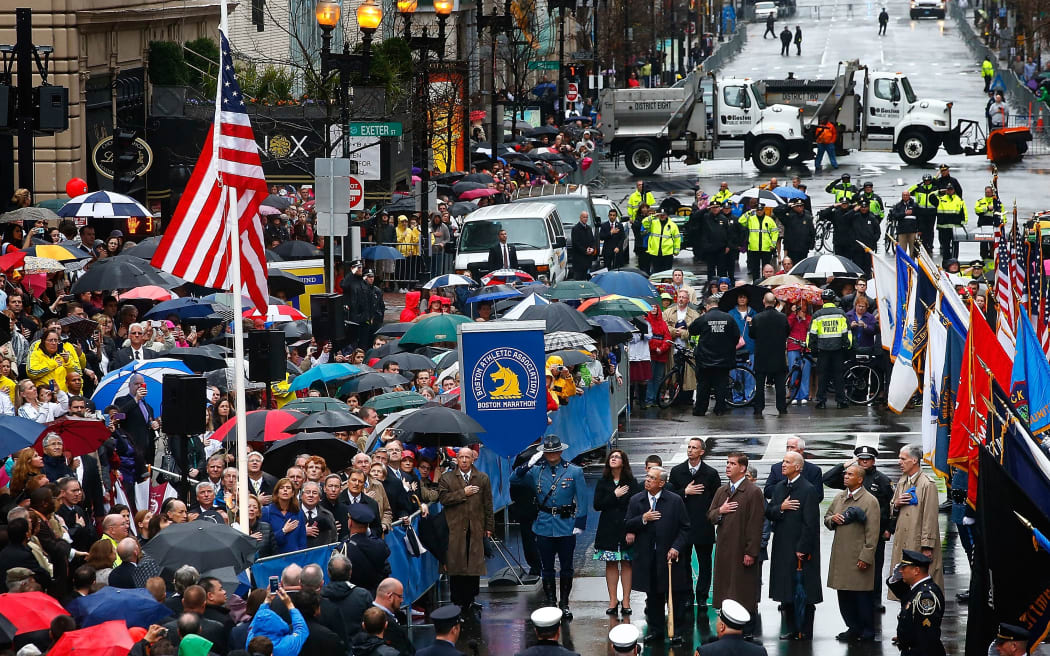 A crowd gathered on Boylston Street near the marathon's finish line on Tuesday.