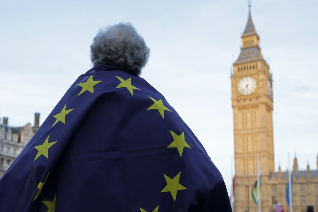 A pro-European Union protestor stands outside the Houses of Parliament.