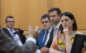The National and ACT Party representatives on Parliament's Standing Orders Committee listen to evidence from the former Prime Minister Sir Geoffrey Palmer for the 2023 Review of Standing Orders.