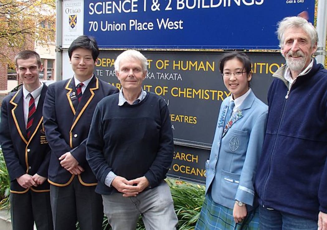 The Healthy Harbour Watchers team includes (from left) John McGlashan students Nic Taylor and Joshua Kim, chemist Barrie Peake,