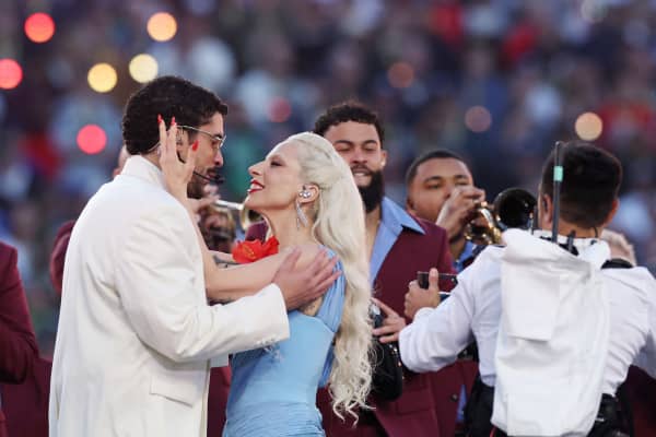 Bad Bunny and Lady Gaga perform onstage during the Apple Music Super Bowl LX Halftime Show at Levi's Stadium on February 08, 2026 in Santa Clara, California.