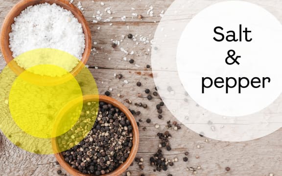 The words "Salt and Pepper" is superimposed over abstract shapes resembling plates and textured background.